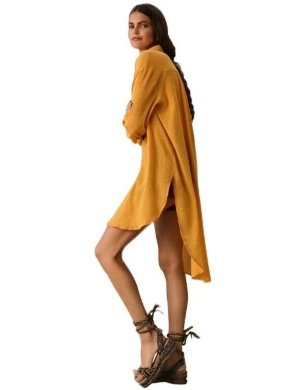Anthropologie Yellow Cotton Solid Duster Tunic Shirt Pockets Hi-Low Button Sz: S